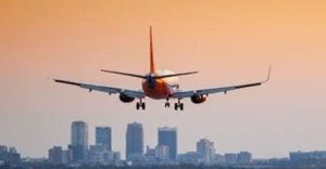 Plane flying towards downtown from Birmingham Shuttlesworth International Airport
