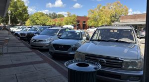 Crestline Village in Mountain Brook jammed with cars (free and angle parking)