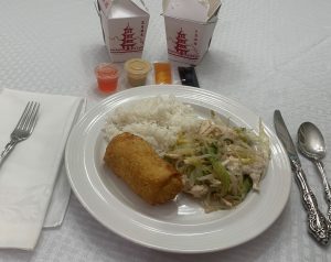 'Special Dinner Any Time,' with egg roll Chop Suey Inn. (Similar to 'Mandarin Special' from Joy Youngs. Egg foo young not shown
